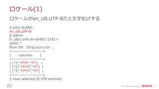 © 2014 MapR Technologies 5
ロケール(1)
$ echo $LANG
en_US.UTF-8
$ sqlline
0: jdbc:drill:zk=drill01:5181>
select *
from dfs.`/tmp/yuru.csv`;
+---------------------+
| columns |
+---------------------+
| ["1","????","??"] |
| ["2","?????","??"] |
| ["3","?????","??"] |
+---------------------+
3 rows selected (0.159 seconds)
ロケールがen_US.UTF-8だと文字化けする
 