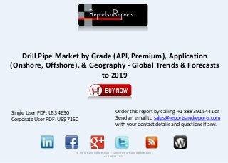 Drill Pipe Market by Grade (API, Premium), Application
(Onshore, Offshore), & Geography - Global Trends & Forecasts
to 2019
© reportsandreports.com ; sales@reportsandreports.com ;
+1 888 391 5441
Single User PDF: US$ 4650
Corporate User PDF: US$ 7150
Order this report by calling +1 888 391 5441 or
Send an email to sales@reportsandreports.com
with your contact details and questions if any.
 