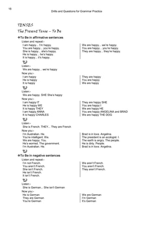Drills and Questions for Grammar Practice 
18
TENSES
The Present Tense – To Be
vTo Be in affirmative sentences 
Listen and repeat:­ 
I am happy... I’m happy.  We are happy... we’re happy. 
You are happy... you’re happy.  You are happy... you’re happy. 
She is happy... she’s happy.  They are happy... they’re happy. 
He is happy... he’s happy. 
It is happy... it’s happy. 
Listen:­ 
We are happy... we’re happy 
Now you:­ 
I am happy  They are happy 
He is happy  You are happy 
It is happy  We are happy 
Listen:­ 
We are happy. SHE She’s happy 
Now you:­ 
I am happy IT  They are happy SHE 
He is happy WE  You are happy I 
It is happy THEY  We are happy HE 
I am happy ANNA  You are happy ANGELINA and BRAD 
It is happy CHARLES  We are happy THE DOG 
Listen:­ 
She is French. THEY... They are French 
Now you:­ 
I’m Australian. He.  Brad is in love. Angelina. 
You’re intelligent. We.  The president is an ecologist. I. 
We are happy. You.  The earth is angry. The people. 
He’s worried. The government.  He is dirty. People. 
I’m Australian. He.  Brad is in love. Angelina. 
vTo Be in negative sentences 
Listen and repeat:­ 
I’m not French.  We aren’t French. 
You aren’t French.  You aren’t French. 
She isn’t French.  They aren’t French. 
He isn’t French. 
It isn’t French. 
Listen:­ 
She is German... She isn’t German 
Now you:­ 
He is German  We are German 
They are German  I’m German 
You’re German  It’s German
 