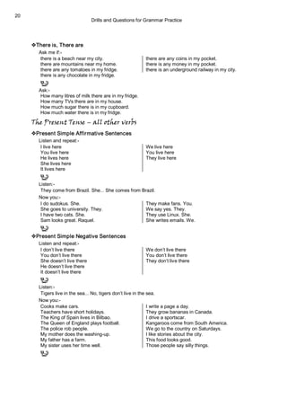 Drills and Questions for Grammar Practice 
20 
vThere is, There are 
Ask me if:­ 
there is a beach near my city.  there are any coins in my pocket. 
there are mountains near my home.  there is any money in my pocket. 
there are any tomatoes in my fridge.  there is an underground railway in my city. 
there is any chocolate in my fridge. 
Ask:­ 
How many litres of milk there are in my fridge. 
How many TVs there are in my house. 
How much sugar there is in my cupboard. 
How much water there is in my fridge.
The Present Tense – all other verbs
vPresent Simple Affirmative Sentences 
Listen and repeat:­ 
I live here  We live here 
You live here  You live here 
He lives here  They live here 
She lives here 
It lives here 
Listen:­ 
They come from Brazil. She... She comes from Brazil. 
Now you:­ 
I do sudokus. She.  They make fans. You. 
She goes to university. They.  We say yes. They. 
I have two cats. She.  They use Linux. She. 
Sam looks great. Raquel.  She writes emails. We. 
vPresent Simple Negative Sentences 
Listen and repeat:­ 
I don’t live there  We don’t live there 
You don’t live there  You don’t live there 
She doesn’t live there  They don’t live there 
He doesn’t live there 
It doesn’t live there 
Listen:­ 
Tigers live in the sea... No, tigers don’t live in the sea. 
Now you:­ 
Cooks make cars.  I write a page a day. 
Teachers have short holidays.  They grow bananas in Canada. 
The King of Spain lives in Bilbao.  I drive a sportscar. 
The Queen of England plays football.  Kangaroos come from South America. 
The police rob people.  We go to the country on Saturdays. 
My mother does the washing­up.  I like stories about the city. 
My father has a farm.  This food looks good. 
My sister uses her time well.  Those people say silly things.
 