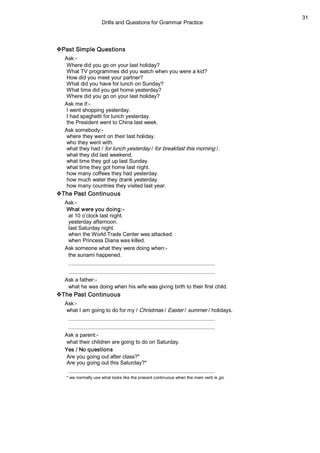 Drills and Questions for Grammar Practice 
31 
vPast Simple Questions 
Ask:­ 
Where did you go on your last holiday? 
What TV programmes did you watch when you were a kid? 
How did you meet your partner? 
What did you have for lunch on Sunday? 
What time did you get home yesterday? 
Where did you go on your last holiday? 
Ask me if:­ 
I went shopping yesterday. 
I had spaghetti for lunch yesterday. 
the President went to China last week. 
Ask somebody:­ 
where they went on their last holiday. 
who they went with. 
what they had / for lunch yesterday / for breakfast this morning /. 
what they did last weekend. 
what time they got up last Sunday. 
what time they got home last night. 
how many coffees they had yesterday. 
how much water they drank yesterday. 
how many countries they visited last year. 
vThe Past Continuous 
Ask:­ 
What were you doing:­ 
at 10 o’clock last night. 
yesterday afternoon. 
last Saturday night. 
when the World Trade Center was attacked. 
when Princess Diana was killed. 
Ask someone what they were doing when:­ 
the sunami happened. 
.................................................................................................. 
.................................................................................................. 
Ask a father:­ 
what he was doing when his wife was giving birth to their first child. 
vThe Past Continuous 
Ask:­ 
what I am going to do for my / Christmas / Easter / summer / holidays. 
.................................................................................................. 
.................................................................................................. 
Ask a parent:­ 
what their children are going to do on Saturday. 
Yes / No questions 
Are you going out after class?* 
Are you going out this Saturday?* 
.................................................................................................. 
* we normally use what looks like the present continuous when the main verb is go.
 