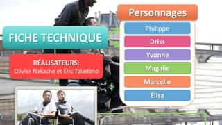 Personnages
FICHE TECHNIQUE
Philippe
Driss
Yvonne
Magalie
Marcelle
?lisa
R?ALISATEURS:
Olivier Nakache et ?ric Toledano
 