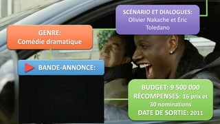 GENRE:
Comdie dramatique
BUDGET: 9 500 000
R?COMPENSES: 16 prix et
30 nominations
DATE DE SORTIE: 2011
SC?NARIO ET DIALOGUES:
Olivier Nakache et ?ric
Toledano
BANDE-ANNONCE:
 
