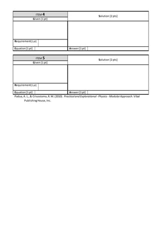 ITEM 4 Solution [2 pts]
Given [1 pt]
Requirement[1 pt]
Equation[1 pt] Answer[1 pt]
ITEM 5 Solution [2 pts]
Given [1 pt]
Requirement[1 pt]
Equation[1 pt] Answer[1 pt]
Padua,A. L.,& Crisostomo,R.M. (2010). Practicaland Explorational- Physics - ModularApproach. Vibal
PublishingHouse,Inc.
 