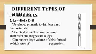 DIFFERENT TYPES OF
DRILLS
TWIST DRILLS:
2. Low-Helix Drill:
•Developed primarily to drill brass and
thin materials.
•Used to drill shallow holes in some
aluminium and magnesium alloys.
•Can remove large volume of chips formed
by high rates of penetration.
12
 