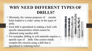 WHY NEED DIFFERENT TYPES OF
DRILLS?
e
s
• Obviously, the various purposes of circular
holes leaded to a wider variety in the types of
drills.
• Each drill is specialized in making a hole with
specific characteristics which cannot be
obtained using another drill.
• For examples, drilling in soft materials requires a
specific type of drills. One cannot simply
complet this mission using a drill that is
specialized in widening holes! 5
 