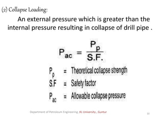 (2) Collapse Loading:
An external pressure which is greater than the
internal pressure resulting in collapse of drill pipe .
10
Department of Petroleum Engineering ,KL University , Guntur
 
