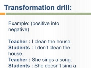 Example: (positive into
negative)
Teacher : I clean the house.
Students : I don’t clean the
house.
Teacher : She sings a song.
Students : She doesn’t sing a
 