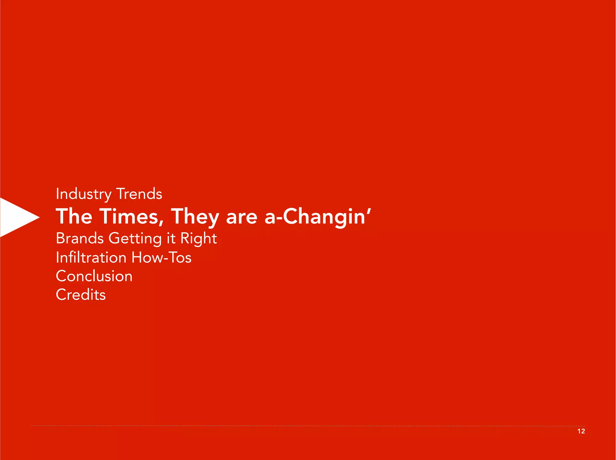 Industry Trends
The Times, They are a-Changin’
Brands Getting it Right
Inﬁltration How-Tos
Conclusion
Credits




                                 12
 