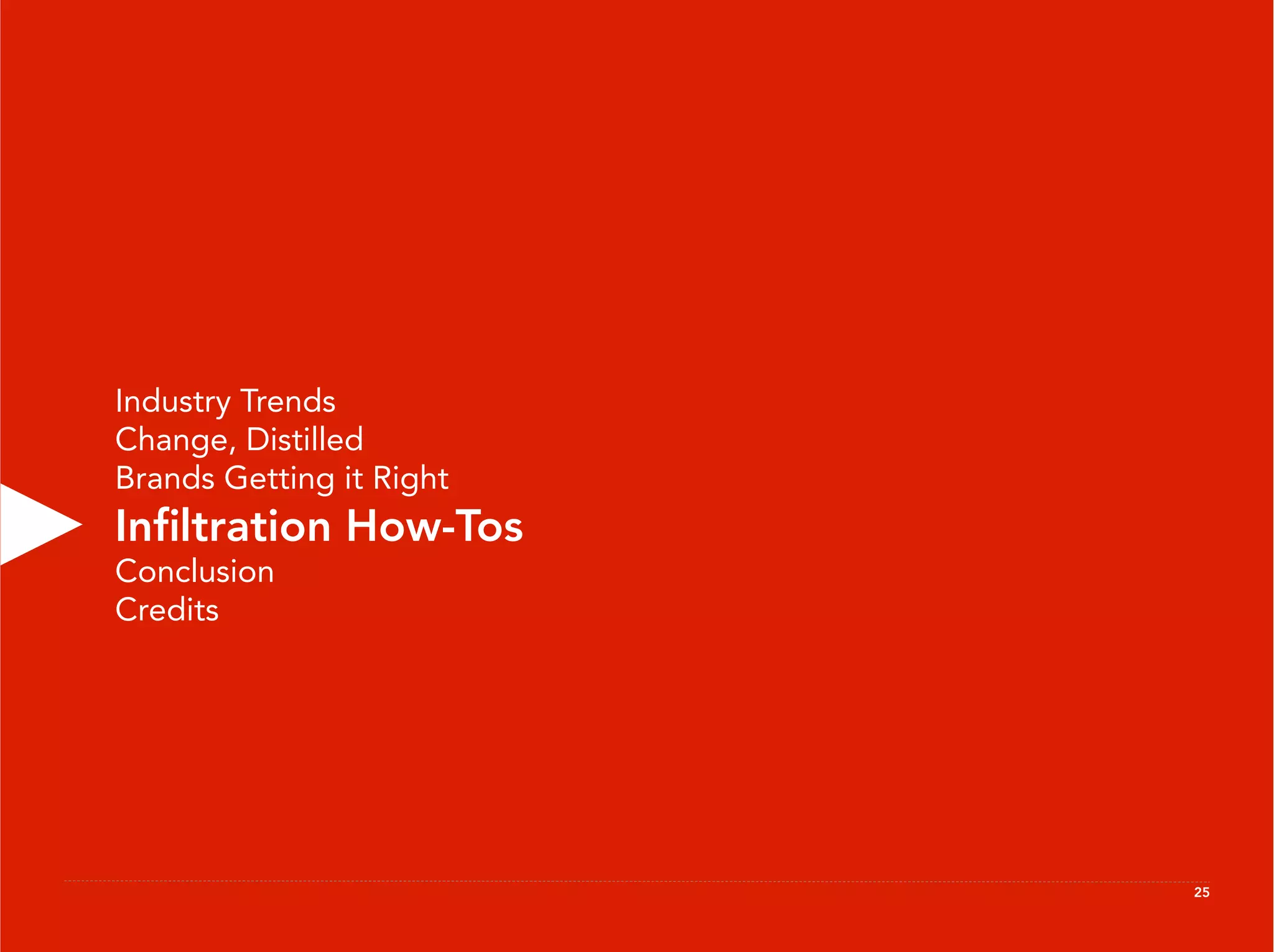 Industry Trends
Change, Distilled
Brands Getting it Right
Inﬁltration How-Tos
Conclusion
Credits




                          25
 