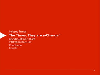 Industry Trends
The Times, They are a-Changin’
Brands Getting it Right
Inﬁltration How-Tos
Conclusion
Credits




                                 12
 