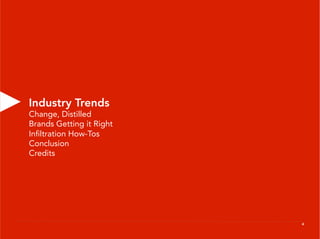 Industry Trends
Change, Distilled
Brands Getting it Right
Inﬁltration How-Tos
Conclusion
Credits




                          4
 
