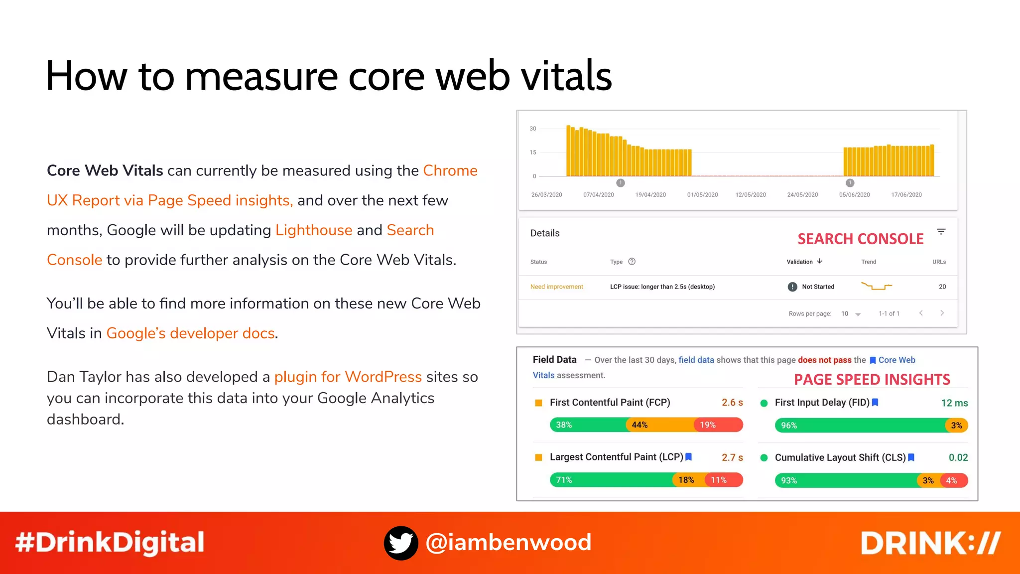 How to measure core web vitals
Core Web Vitals can currently be measured using the Chrome
UX Report via Page Speed insights, and over the next few
months, Google will be updating Lighthouse and Search
Console to provide further analysis on the Core Web Vitals.
You’ll be able to ﬁnd more information on these new Core Web
Vitals in Google’s developer docs.
Dan Taylor has also developed a plugin for WordPress sites so
you can incorporate this data into your Google Analytics
dashboard.
@iambenwood
SEARCH CONSOLE
PAGE SPEED INSIGHTS
 