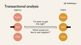 Transactional analysis
#DRINKDigital
Parent
Adult
Child
Client
Parent
Adult
Child
Agency
"I'm keen to get
this right"
"What would you
like to see happen?"
 