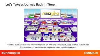 Let’s Take a Journey Back in Time...
“The first eComXpo was held between February 17, 2005 and February 19, 2005 and had an estimated
1,600 attendees, 92 exhibitors and 75 presentations by industry experts.”
 
