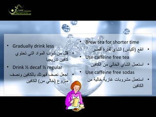 Ways to Cut Caffeine طرق التخلص من الكافين Gradually drink less قلل من شرب المواد التي تحتوي كافين تدريجيا Drink ½ decaf ½ regular اجعل نصف قهوتك بالكافين ونصف منزوع  ( خالي من )  الكافين Brew tea for shorter time انقع  ( أكياس )  الشاي لفترة اقصر Use caffeine free tea استعمل الشاي الخالي من الكافين Use caffeine free sodas استعمل مشروبات غازية خالية من الكافين 
