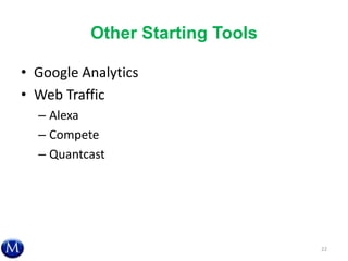 Other Starting Tools
• Google Analytics
• Web Traffic
– Alexa
– Compete
– Quantcast
22
 