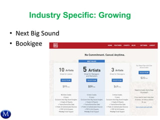 Industry Specific: Growing
• Next Big Sound
• Bookigee
30
 