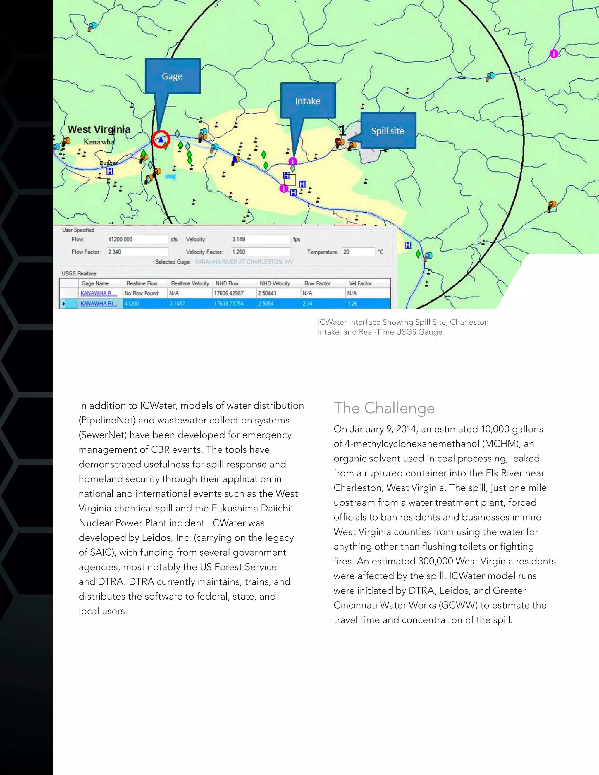 In addition to ICWater, models of water distribution
(PipelineNet) and wastewater collection systems
(SewerNet) have been developed for emergency
management of CBR events. The tools have
demonstrated usefulness for spill response and
homeland security through their application in
national and international events such as the West
Virginia chemical spill and the Fukushima Daiichi
Nuclear Power Plant incident. ICWater was
developed by Leidos, Inc. (carrying on the legacy
of SAIC), with funding from several government
agencies, most notably the US Forest Service
and DTRA. DTRA currently maintains, trains, and
distributes the software to federal, state, and
local users.
The Challenge
On January 9, 2014, an estimated 10,000 gallons
of 4-methylcyclohexanemethanol (MCHM), an
organic solvent used in coal processing, leaked
from a ruptured container into the Elk River near
Charleston, West Virginia. The spill, just one mile
upstream from a water treatment plant, forced
officials to ban residents and businesses in nine
West Virginia counties from using the water for
anything other than flushing toilets or fighting
fires. An estimated 300,000 West Virginia residents
were affected by the spill. ICWater model runs
were initiated by DTRA, Leidos, and Greater
Cincinnati Water Works (GCWW) to estimate the
travel time and concentration of the spill.
ICWater Interface Showing Spill Site, Charleston
Intake, and Real-Time USGS Gauge
 