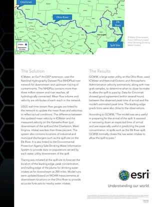 The Solution
ICWater, an Esri®
ArcGIS®
extension, uses the
National Hydrography Dataset Plus (NHDPlus) river
network for downstream and upstream tracing of
contaminants. The NHDPlus contains more than
three million stream and river reaches, all
hydrologically connected. Mean flow volume and
velocity are attributes of each reach in the network.
USGS real-time stream flow gauges are linked to
the network to update the mean flows and velocities
to reflect actual conditions. The difference between
the updated mean velocity in ICWater and the
measured velocity on the Kanawha River (just
downstream of the spill and the Charleston, West
Virginia, intake) was less than three percent. The
system also contains locations of industrial and
municipal dischargers such as the spill site on the
Elk River. It is also linked to the Environmental
Protection Agency Safe Drinking Water Information
System to provide data on populations served by
each water utility downstream of the spill.
Tracing was initiated at the spill site to forecast the
location of the leading edge, peak concentration,
and trailing edge of the plume for drinking water
intakes as far downstream as 200 miles. Model runs
were updated based on MCHM measurements at
downstream locations on the Ohio River to provide
accurate forecasts to nearby water intakes.
The Results
GCWW, a large water utility on the Ohio River, used
ICWater and National Oceanic and Atmospheric
Administration velocity estimations, along with river
grab samples, to determine when to close its intake
to allow the spill to pass by. Data for Cincinnati
showed good agreement (within several hours)
between the observed peak time of arrival and the
model’s estimated peak time. The leading-edge
predictions were also close to the observations.
According to GCWW, “The model was very useful
in preparing for the arrival of the spill. It assisted
in narrowing down an expected time of arrival
and was especially useful in predicting the peak
concentration. In spills such as the Elk River spill,
GCWW normally closes the raw water intakes to
allow the spill to pass.”
ICWater Downstream
Trace (120 hours travel
time) Showing Drinking
Water Intakes
Copyright © 2014 Esri. All rights reserved. Esri, the Esri globe logo, and ArcGIS, are trademarks, service marks, or registered marks
of Esri in the United States, the European Community, or certain other jurisdictions. Other companies and products or services
mentioned herein may be trademarks, service marks, or registered marks of their respective mark owners.
G63334
ESRI6/14ft
 
