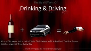 The Real Effects Of
Drinking & Driving
=+
Almost 30 people in the United State Die In Motor Vehicle Accident That Involve an
Alcohol-Impaired Drive Every Day
Drunk driving cost the nation billions each year
 