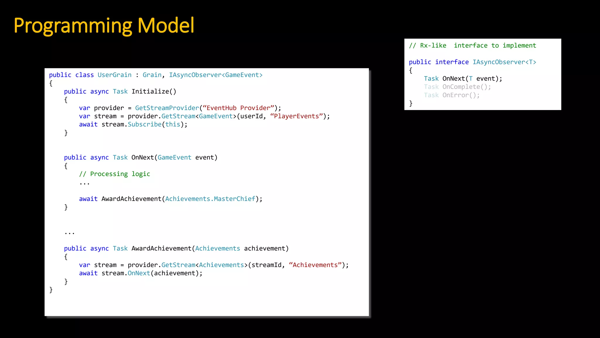 Programming Model
public class UserGrain : Grain, IAsyncObserver<GameEvent>
{
public async Task Initialize()
{
var provider = GetStreamProvider(“EventHub Provider”);
var stream = provider.GetStream<GameEvent>(userId, “PlayerEvents”);
await stream.Subscribe(this);
}
public async Task OnNext(GameEvent event)
{
// Processing logic
...
await AwardAchievement(Achievements.MasterChief);
}
...
public async Task AwardAchievement(Achievements achievement)
{
var stream = provider.GetStream<Achievements>(streamId, “Achievements”);
await stream.OnNext(achievement);
}
}
// Rx-like interface to implement
public interface IAsyncObserver<T>
{
Task OnNext(T event);
Task OnComplete();
Task OnError();
}
 