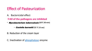 Effect of Pasteurization
A. Bactericidal effect
All of the pathogens are inhibited
• Mycobacterium tuberculosis (63°C 30 min)
• Coxiella burnetti (72 °C 15 sec)
B. Reduction of the cream layer
C. Inactivation of phosphatase enzyme
 