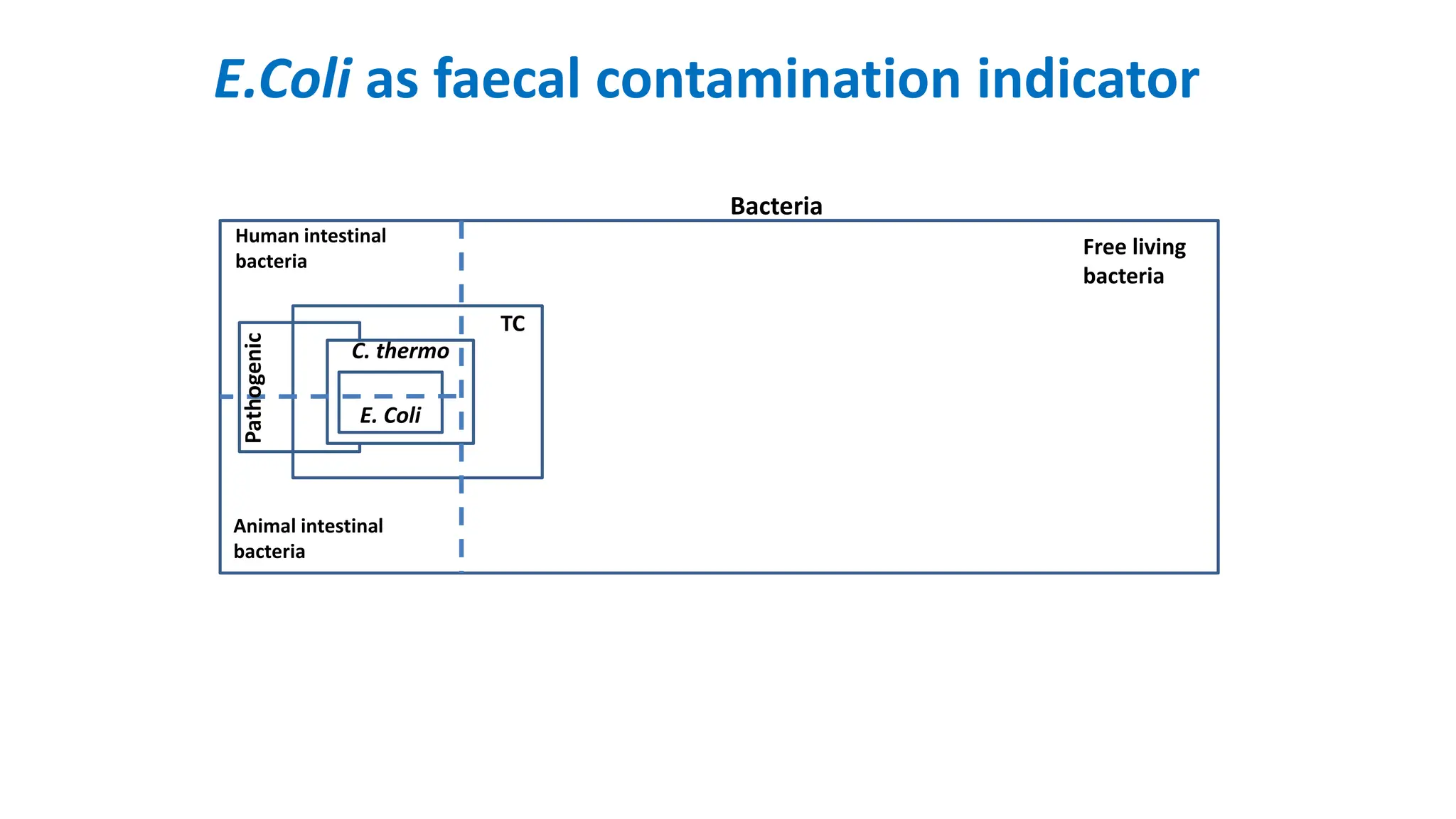 E.Coli as faecal contamination indicator
C.thermo
Bacteria
Animal intestinal
bacteria
Free living
bacteria
C. thermo
Human intestinal
bacteria
E. Coli
Pathogenic
TC
 
