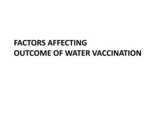 Factors
Affecting Outcome Of Water Vaccination
1. Age
2. Water consumption
3. Water withdrawal time
4. Time of vaccination
5. Exposure time to vaccinated water
6. Evaluating vaccination using a blue dye
7. Dead Space
8. Utensils
9. Preparation of vaccine vial
 