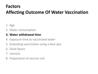 Cont. …
First
Increased exposure time to the vaccine solution gives more birds
the opportunity to drink.
 