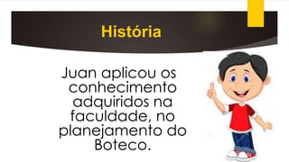 História
Juan aplicou os
conhecimento
adquiridos na
faculdade, no
planejamento do
Boteco.
 