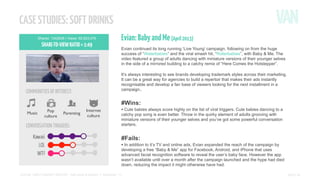 CASE STUDIES: SOFT DRINKS
Shares: 1342838 | Views: 65,923,076

SHARE-TO-VIEW RATIO = 1:49

Evian: Baby and Me (April 2013)
Evian continued its long running ‘Live Young’ campaign, following on from the huge
success of “Waterbabies” and the viral smash hit, “Rollerbabies”, with Baby & Me. The
video featured a group of adults dancing with miniature versions of their younger selves
in the side of a mirrored building to a catchy remix of “Here Comes the Hotstepper”.
It’s always interesting to see brands developing trademark styles across their marketing.
It can be a great way for agencies to build a repertoir that makes their ads instantly
recognisable and develop a fan base of viewers looking for the next installment in a
campaign..

COMMUNITIES OF INTEREST:

#Wins:
Music

Pop
culture

Parenting

CONVERSATION TRIGGERS:

Internet
culture

• Cute babies always score highly on the list of viral triggers. Cute babies dancing to a
catchy pop song is even better. Throw in the quirky element of adults grooving with
miniature versions of their younger selves and you’ve got some powerful conversation
starters.

#Fails:
• In addition to it’s TV and online ads, Evian expanded the reach of the campaign by

developing a free “Baby & Me” app for Facebook, Android, and iPhone that uses
advanced facial recognition software to reveal the user’s baby face. However the app
wasn’t available until over a month after the campaign launched and the hype had died
down, reducing the impact it might otherwise have had.
SOCIAL VIDEO INSIGHT REPORT - Soft drinks & alcohol // November ’13

PAGE 13

 
