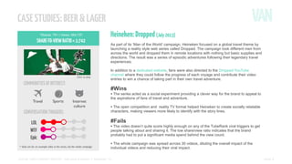 CASE STUDIES: BEER & LAGER
*Shares: 761 | Views: 564,737

SHARE-TO-VIEW RATIO = 1:742

Click to play

COMMUNITIES OF INTEREST:

Heineken: Dropped (July 2013)
As part of its ‘Man of the World’ campaign, Heineken focused on a global travel theme by
launching a reality style web series called Dropped. The campaign took different men from
across the world and dropped them in remote locations with nothing but basic supplies and
directions. The result was a series of episodic adventures following their legendary travel
experiences.
In addition to a dedicated website, fans were also directed to the Dropped YouTube
channel where they could follow the progress of each voyage and contribute their video
entries to win a chance of taking part in their own travel adventure.

#Wins

• The series acted as a social experiment providing a clever way for the brand to appeal to
Travel

Sports

Internet
culture

CONVERSATION TRIGGERS:

the aspirations of fans of travel and adventure.

• The open competition and

reality TV format helped Heineken to create socially relatable
characters, making viewers more likely to identify with the story lines.

#Fails

• The video doesn’t quite score highly enough on any of the TubeRank viral triggers to get
people talking about and sharing it. The low share/view ratio indicates that the brand
probably had to put a significant media spend behind the view count.
* Stats are for an example video in the series, not the whole campaign

• The whole campaign was spread across 30 videos, diluting the overall impact of the
individual videos and reducing their viral impact.

SOCIAL VIDEO INSIGHT REPORT - Soft drinks & alcohol // November ’13

PAGE 2

 