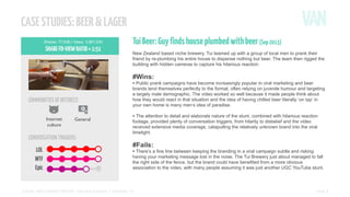 CASE STUDIES: BEER & LAGER
Shares: 77,938 | Views: 3,967,039

SHARE-TO-VIEW RATIO = 1:51

Tui Beer: Guy finds house plumbed with beer (Sep 2013)
New Zealand based niche brewery, Tui teamed up with a group of local men to prank their
friend by re-plumbing his entire house to dispense nothing but beer. The team then rigged the
building with hidden cameras to capture his hilarious reaction.

#Wins:

• Public prank campaigns have become increasingly popular in viral marketing and beer

COMMUNITIES OF INTEREST:
Internet
culture

General

CONVERSATION TRIGGERS:

brands lend themselves perfectly to the format, often relying on juvenile humour and targeting
a largely male demographic. The video worked so well because it made people think about
how they would react in that situation and the idea of having chilled beer literally ‘on tap’ in
your own home is many men’s idea of paradise.

• The attention to detail and elaborate nature of the stunt, combined with hilarious reaction
footage, provided plenty of conversation triggers, from hilarity to disbelief and the video
received extensive media coverage, catapulting the relatively unknown brand into the viral
limelight.

#Fails:

• There’s a fine line between keeping the branding in a viral campaign subtle and risking

having your marketing message lost in the noise. The Tui Brewery just about managed to fall
the right side of the fence, but the brand could have benefited from a more obvious
association to the video, with many people assuming it was just another UGC YouTube stunt.

SOCIAL VIDEO INSIGHT REPORT - Soft drinks & alcohol // November ’13

PAGE 3

 