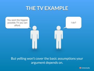 THE TV EXAMPLE 
But yelling won’t cover the basic assumptions your 
argument depends on. 
You want the biggest 
possible T...