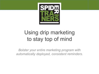 Using drip marketing
to stay top of mind
Bolster your entire marketing program with
automatically deployed, consistent reminders.
 