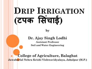 DRIP IRRIGATION
(टपक स िंचाई)
by
Dr. Ajay Singh Lodhi
Assistant Professor
Soil and Water Engineering
College of Agriculture, Balaghat
Jawaharlal Nehru Krishi Vishwavidyalaya, Jabalpur (M.P.)
 