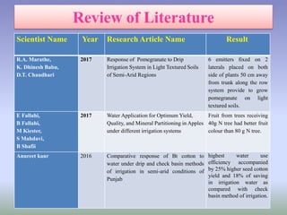 Scientist Name Year Research Article Name Result
R.A. Marathe,
K. Dhinesh Babu,
D.T. Chaudhari
2017 Response of Pomegranate to Drip
Irrigation System in Light Textured Soils
of Semi-Arid Regions
6 emitters fixed on 2
laterals placed on both
side of plants 50 cm away
from trunk along the row
system provide to grow
pomegranate on light
textured soils.
E Fallahi,
B Fallahi,
M Kiester,
S Mahdavi,
B Shafii
2017 Water Application for Optimum Yield,
Quality, and Mineral Partitioning in Apples
under different irrigation systems
Fruit from trees receiving
40g N tree had better fruit
colour than 80 g N tree.
Anureet kaur 2016 Comparative response of Bt cotton to
water under drip and check basin methods
of irrigation in semi-arid conditions of
Punjab
highest water use
efficiency accompanied
by 25% higher seed cotton
yield and 18% of saving
in irrigation water as
compared with check
basin method of irrigation.
 