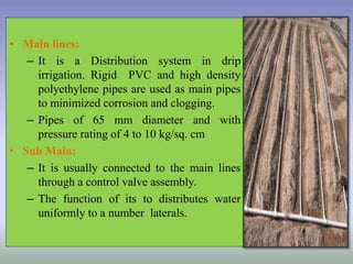• Main lines:
– It is a Distribution system in drip
irrigation. Rigid PVC and high density
polyethylene pipes are used as main pipes
to minimized corrosion and clogging.
– Pipes of 65 mm diameter and with
pressure rating of 4 to 10 kg/sq. cm
• Sub Main:
– It is usually connected to the main lines
through a control valve assembly.
– The function of its to distributes water
uniformly to a number laterals.
 