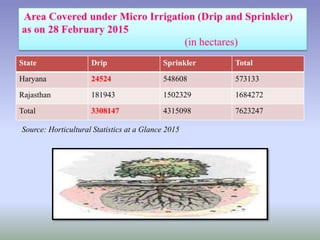 State Drip Sprinkler Total
Haryana 24524 548608 573133
Rajasthan 181943 1502329 1684272
Total 3308147 4315098 7623247
Source: Horticultural Statistics at a Glance 2015
 