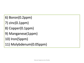 6) Boron(0.2ppm)
7) zinc(0.1ppm)
8) Copper(0.1ppm)
9) Manganese(1ppm)
10) Iron(5ppm)
11) Molybdenum(0.05ppm)
Manda Raghavendra Reddy
 