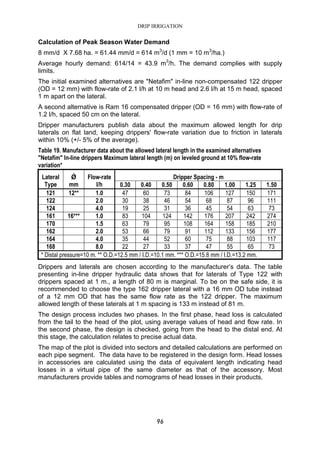 DRIP IRRIGATION
96
Calculation of Peak Season Water Demand
8 mm/d X 7.68 ha. = 61.44 mm/d = 614 m3
/d (1 mm = 10 m3
/ha.)
Average hourly demand: 614/14 = 43.9 m3
/h. The demand complies with supply
limits.
The initial examined alternatives are "Netafim" in-line non-compensated 122 dripper
(OD = 12 mm) with flow-rate of 2.1 l/h at 10 m head and 2.6 l/h at 15 m head, spaced
1 m apart on the lateral.
A second alternative is Ram 16 compensated dripper (OD = 16 mm) with flow-rate of
1.2 l/h, spaced 50 cm on the lateral.
Dripper manufacturers publish data about the maximum allowed length for drip
laterals on flat land, keeping drippers' flow-rate variation due to friction in laterals
within 10% (+/- 5% of the average).
Table 19. Manufacturer data about the allowed lateral length in the examined alternatives
"Netafim" In-line drippers Maximum lateral length (m) on leveled ground at 10% flow-rate
variation*
Drippers and laterals are chosen according to the manufacturer’s data. The table
presenting in-line dripper hydraulic data shows that for laterals of Type 122 with
drippers spaced at 1 m., a length of 80 m is marginal. To be on the safe side, it is
recommended to choose the type 162 dripper lateral with a 16 mm OD tube instead
of a 12 mm OD that has the same flow rate as the 122 dripper. The maximum
allowed length of these laterals at 1 m spacing is 133 m instead of 81 m.
The design process includes two phases. In the first phase, head loss is calculated
from the tail to the head of the plot, using average values of head and flow rate. In
the second phase, the design is checked, going from the head to the distal end. At
this stage, the calculation relates to precise actual data.
The map of the plot is divided into sectors and detailed calculations are performed on
each pipe segment. The data have to be registered in the design form. Head losses
in accessories are calculated using the data of equivalent length indicating head
losses in a virtual pipe of the same diameter as that of the accessory. Most
manufacturers provide tables and nomograms of head losses in their products.
Dripper Spacing - mLateral
Type
Ǿ
mm
Flow-rate
l/h 0.30 0.40 0.50 0.60 0.80 1.00 1.25 1.50
121 12** 1.0 47 60 73 84 106 127 150 171
122 2.0 30 38 46 54 68 87 96 111
124 4.0 19 25 31 36 45 54 63 73
161 16*** 1.0 83 104 124 142 176 207 242 274
170 1.5 63 79 95 108 164 158 185 210
162 2.0 53 66 79 91 112 133 156 177
164 4.0 35 44 52 60 75 88 103 117
168 8.0 22 27 33 37 47 55 65 73
* Distal pressure=10 m. ** O.D.=12.5 mm / I.D.=10.1 mm. *** O.D.=15.8 mm / I.D.=13.2 mm.
 