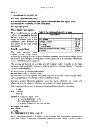 DRIP IRRIGATION
20
Where:
J = head loss (‰ =m/1000 m)
D = inner pipe diameter (mm)
C = friction coefficient (indicates pipe wall smoothness, the higher the C
coefficient, the lower the friction head loss)
Q = flow-rate (m3
/h)
Minor (local) Head Losses
Minor head losses are usually
defined as equivalent length
factors which add a virtual
length of straight pipe in the
accessory same diameter to
the length of the pipe under
calculation.
Total Dynamic Head
The total dynamic head
created by the pump is the
sum of the pumping suction lift (the difference between water surface height at the
source and pump height), the requested working pressure in the emitters, and friction
losses within the irrigation system.
The energy consumed per pumped unit of irrigation water depends on the total
dynamic head provided by the pump and the pumping system's efficiency. The total
dynamic head depends on:
• Vertical distance that the water is lifted
• Pressure required in drippers' inlets
• Friction losses in the pipeline along the way from the water source through filters,
valves, pipelines and manifolds on the way to the emitters
Pumping system efficiency depends upon the pump efficiency, its power unit
efficiency, and the efficiency of power transmission of power between them.
The power output required by the pump is calculated with the formula below:
Q x H
N = ----------
270 x ŋ
Where: N = required input – HP
Q = pump discharge – m3
/h
H = total dynamic head – m
η = pump efficiency – decimal fraction
Example: Q = 200m3
;
H = 150 m;
ηηηη = 0.75.
N = 200 X 150/(270 X 0.75) = 148 HP
When measuring pressure, it should be remembered that the pressure gauges are
calibrated to read 0 (zero) at atmospheric pressure (about 1 bar). It is important to
Table 2. The friction coefficient ( C ) of pipes
Pipe material
C
PVC and PE 140-150
Asbestos-cement 130-140
New steel 110-120
5 year old steel 80-90
Steel with internal concrete coating 110-120
Concrete 90-100
 