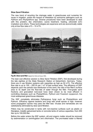 DRIP IRRIGATION
55
Slow Sand Filtration
The new trend of recycling the drainage water in greenhouses and nurseries for
reuse in irrigation, poses the hazard of infestation by soil-borne pathogens such as
Pythium and Phytophthora spp. Diverse procedures have been developed to deal
with this problem, like chlorination, ozone treatment, heating, ultraviolet (UV)
irradiation and others. These technologies are expensive and are economically viable
only at low flow rates of 5 – 10 m3
/h.
Fig 69. Slow sand filter Adapted from Htinik and Krause (1999).
The best cost effective solution is Slow Sand Filtration (SSF), first developed during
the late eighties at the State Research Station at Geisenheim, Germany. Today,
there are in use filtration systems with capacities as high as 50 m3
/h. The effective
flow rate is up to 100 – 200 l/h per 1 m2
of bed surface area. The efficiency of SSF
depends upon the particle size distribution of the sand, the ratio of the filter’s surface
area to its depth and the flow-rate of water through the filter. Fine-grade sand
fractions and granulated rock-wool have been shown to be most efficient in
controlling diseases such as Phytophthora, Pythium and Fusarium oxysporum, the
most widespread greenhouse diseases.
The SSF completely eliminates Pythiaceous fungi such as Phytophthora and
Pythium. Efficiency against bacteria and fungi with small spores is high; however
some propagation spores may pass the filter bed. Viruses and nematodes are not
satisfactorily eliminated by slow sand filtration.
Filters may be constructed in tanks with non-reactive surfaces such as plastic or
fiberglass, metallic galvanized tanks or concrete tanks of various capacities, from 200
liter up to 100,000 liter.
Before the water enters the SSF system, silt and organic matter should be removed
by sedimentation or centrifugation and chlorination. The pre-treated water is filtered
 
