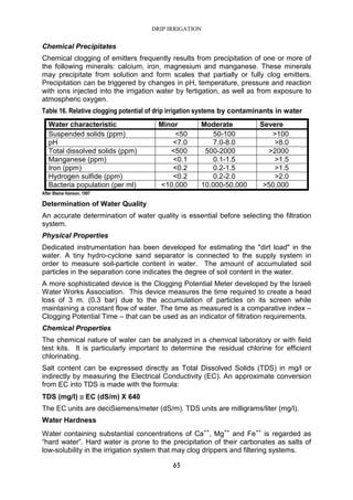 DRIP IRRIGATION
65
Chemical Precipitates
Chemical clogging of emitters frequently results from precipitation of one or more of
the following minerals: calcium, iron, magnesium and manganese. These minerals
may precipitate from solution and form scales that partially or fully clog emitters.
Precipitation can be triggered by changes in pH, temperature, pressure and reaction
with ions injected into the irrigation water by fertigation, as well as from exposure to
atmospheric oxygen.
Table 16. Relative clogging potential of drip irrigation systems by contaminants in water
Water characteristic Minor Moderate Severe
Suspended solids (ppm) <50 50-100 >100
pH <7.0 7.0-8.0 >8.0
Total dissolved solids (ppm) <500 500-2000 >2000
Manganese (ppm) <0.1 0.1-1.5 >1.5
Iron (ppm) <0.2 0.2-1.5 >1.5
Hydrogen sulfide (ppm) <0.2 0.2-2.0 >2.0
Bacteria population (per ml) <10,000 10,000-50,000 >50,000
After Blaine Hanson. 1997
Determination of Water Quality
An accurate determination of water quality is essential before selecting the filtration
system.
Physical Properties
Dedicated instrumentation has been developed for estimating the "dirt load" in the
water. A tiny hydro-cyclone sand separator is connected to the supply system in
order to measure soil-particle content in water. The amount of accumulated soil
particles in the separation cone indicates the degree of soil content in the water.
A more sophisticated device is the Clogging Potential Meter developed by the Israeli
Water Works Association. This device measures the time required to create a head
loss of 3 m. (0.3 bar) due to the accumulation of particles on its screen while
maintaining a constant flow of water. The time as measured is a comparative index –
Clogging Potential Time – that can be used as an indicator of filtration requirements.
Chemical Properties
The chemical nature of water can be analyzed in a chemical laboratory or with field
test kits. It is particularly important to determine the residual chlorine for efficient
chlorinating.
Salt content can be expressed directly as Total Dissolved Solids (TDS) in mg/l or
indirectly by measuring the Electrical Conductivity (EC). An approximate conversion
from EC into TDS is made with the formula:
TDS (mg/l) ≅≅≅≅ EC (dS/m) X 640
The EC units are deciSiemens/meter (dS/m). TDS units are milligrams/liter (mg/l).
Water Hardness
Water containing substantial concentrations of Ca++
, Mg++
and Fe++
is regarded as
“hard water”. Hard water is prone to the precipitation of their carbonates as salts of
low-solubility in the irrigation system that may clog drippers and filtering systems.
 