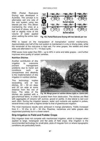 DRIP IRRIGATION
87
PRD (Partial Root-zone
Drying) was developed in
Australia. The concept is to
alternately wet one side of
the root system using two
laterals per row. This allows
maintaining the vines at a
low level of stress, with only
half or slightly more of the
volume of water applied
when wetting the entire root-
zone.
PRD is based on the manipulation of transpiration control mechanisms.
Approximately one half of the root system is maintained in a dry or drying state, while
the remainder of the root-zone is kept wet. For wine grapes, the wetted and dried
sides are alternated in a 10 – 14 days cycle.
PRD saves more water than RDI – up to 40% in wine and table grapes – and further
improves wine quality of certain varieties.
Nutrition Ditches
Another contribution of drip
irrigation to overcome
orchard management
problems due to harsh soil
conditions such as
compactness and alkalinity
is the implementation of drip
irrigation in nutrition ditches.
This technology implies
excavating, one or two
ditches, 30 – 50 cm deep
and 20 cm wide at some
distance from the row of
trees. The sides of the
ditches are padded with a
geo-chemical fabric, in order to protect them from destruction. The ditches are filled
with aggregates of volcanic tuff, pumice, gravel or perlite. A drip lateral is laid over
each ditch. During the irrigation season, water and nutrients are applied in pulses,
several times a day with a regime similar to that of greenhouse irrigation.
The most impressive results were achieved in mango plantations. Yields increased
from 5 – 10 t/ha. to 40 – 50 t/ha. Peaches, nectarines and table grapes also
responded positively but in a lower extent.
Drip Irrigation in Field and Fodder Crops
Drip irrigation does not compete with mechanized irrigation, which is cheaper when
applied to large, rectangular and flat plots of field crops. Drip irrigation is the
recommended technology for small plots, plots of irregular form or where topographic
conditions are particularly harsh.
Fig. 103. Partial Root-zone Drying with two laterals per row
Fig. 104. Mango grown on nutrition ditches (right) vs. control (left)
 
