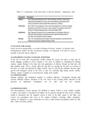 Table 5.2 Components of the “prevention is the best medicine” maintenance plan
5.3 WATCH FOR LEAKS
Leaks can occur unexpectedly as a result of damage by insects, animals, or farming tools.
Systematically monitor the lines for physical damage. It is important to fix holes as soon as
possible to prevent uneven irrigation.
5.4 CHLORINE CLEARS CLOGGED EMITTERS
If the rate of water flow progressively declines during the season, the tubes or tape may be
slowly plugging, resulting in severe damage to the crop. In addition to maintaining the filtering
stations, regular flushing of the drip tube and application of chlorine through the drip tube will
help minimize clogs. Once a month, flush the drip lines by opening the far ends of a portion of
the tubes at a time and allowing the higher velocity water to rush out the sediment. Because algae
growth and biological activity in the tube or tape are especially high during warmer months,
chlorine usually is applied at 2-week intervals during these months.
5.5 CHEMIGATION
Manage irrigation and fertilization together to optimize efficiency. Chemigation through drip
systems efficiently delivers chemicals in the root zone of the receiving plants. Because of the
precision of application, chemigation can be safer and use less material.
5.6 FERTILIZATION
Soil microorganisms convert nitrogen (N) fertilizers to nitrate. Nitrate is water soluble, available
to plants, and subject to leaching loss.Fertilizer can be injected through the drip system. Fertilizer
usually is introduced into the irrigation system in front of the filter station so the filters can
remove any precipitates that occur in the solution Fertilizers containing sulfate, phosphate,
calcium, or anhydrous or aqua ammonium can lead to solid chemical precipitation inside the drip
lines, which can block emitters.
 