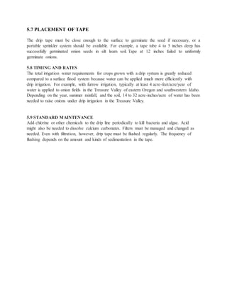 5.7 PLACEMENT OF TAPE
The drip tape must be close enough to the surface to germinate the seed if necessary, or a
portable sprinkler system should be available. For example, a tape tube 4 to 5 inches deep has
successfully germinated onion seeds in silt loam soil. Tape at 12 inches failed to uniformly
germinate onions.
5.8 TIMING AND RATES
The total irrigation water requirements for crops grown with a drip system is greatly reduced
compared to a surface flood system because water can be applied much more efficiently with
drip irrigation. For example, with furrow irrigation, typically at least 4 acre-feet/acre/year of
water is applied to onion fields in the Treasure Valley of eastern Oregon and southwestern Idaho.
Depending on the year, summer rainfall, and the soil, 14 to 32 acre-inches/acre of water has been
needed to raise onions under drip irrigation in the Treasure Valley.
5.9 STANDARD MAINTENANCE
Add chlorine or other chemicals to the drip line periodically to kill bacteria and algae. Acid
might also be needed to dissolve calcium carbonates. Filters must be managed and changed as
needed. Even with filtration, however, drip tape must be flushed regularly. The frequency of
flushing depends on the amount and kinds of sedimentation in the tape.
 