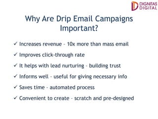 Why Are Drip Email Campaigns
Important?
Increases revenue – 10x more than mass email
Improves click-through rate
It helps with lead nurturing – building trust
Informs well – useful for giving necessary info
Saves time – automated process
Convenient to create – scratch and pre-designed
