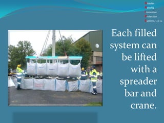 Each filled
system can
be lifted
with a
spreader
bar and
crane.
Disaster
Relief &
Innovative
Protection
Systems, LLCTM
 